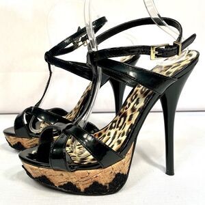 BLACK PATENT STRAPPY SANDALS 5.5” HEEL SIZE 8.5